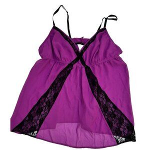 New Cacique Intimates 2-Pc Purple Black Lace Nightie Lingerie Thong Size 26/28